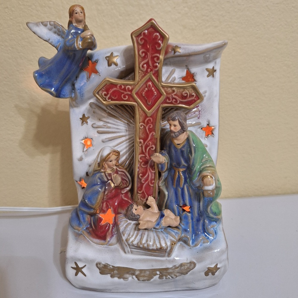 Night Light Plug In‎ Ceramic Cross Nativity Scene  Hand painted Kirkland's 9"